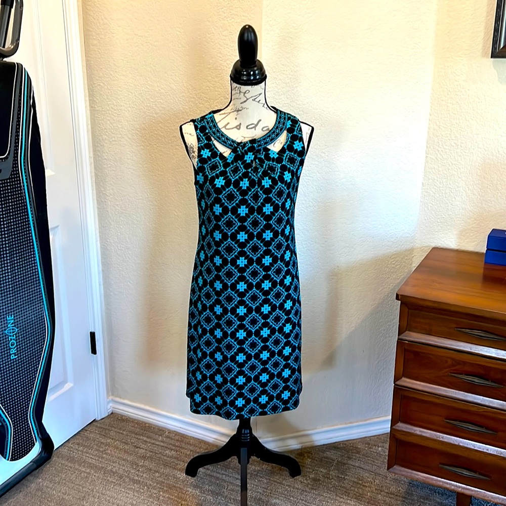 Blue and black cut-out dress, sleeveless, size M.